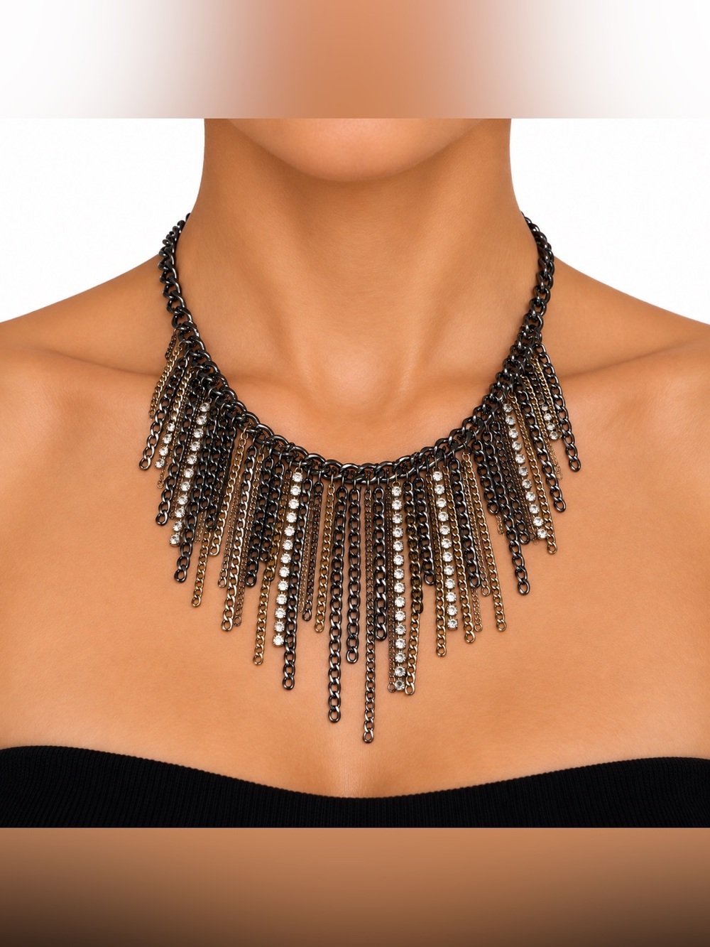 Gunmetal Rhinestone Fringe Bib Necklace Layered Chain Statement Necklace